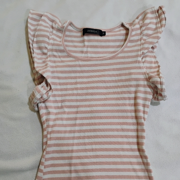 Zesica Tops - Zesica Women's Ruffled Sleeve Striped Top - Pink and White